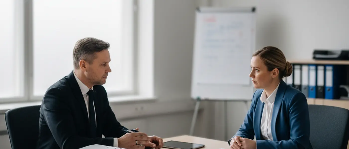 Suomalainen asianajaja tarkastelee oikeustapauksen asiakirjoja modernissa Helsingin toimistossa