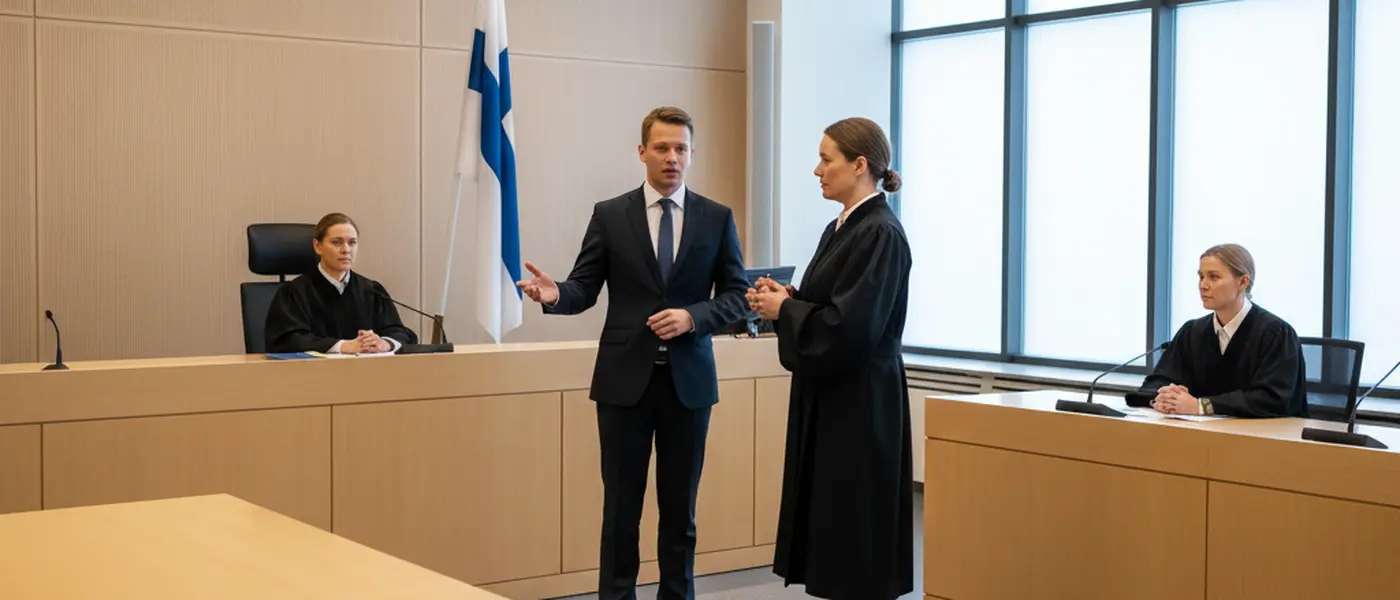 Rikosasianajaja puolustaa päämiestään suomalaisessa käräjäoikeudessa