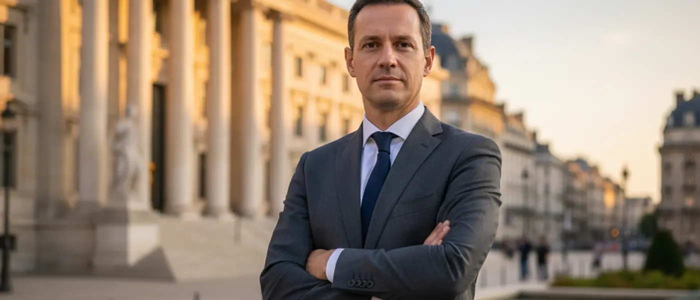 Suomalainen rikosasianajaja tarkastelee oikeustapauksen asiakirjoja modernissa Helsingin toimistossa