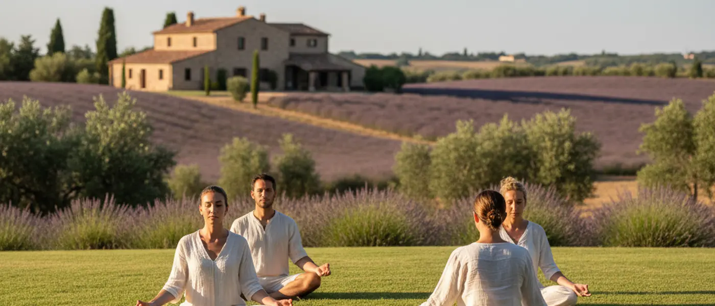 Donna italiana che medita in un soggiorno luminoso con piante e tappetino yoga su pavimento in legno