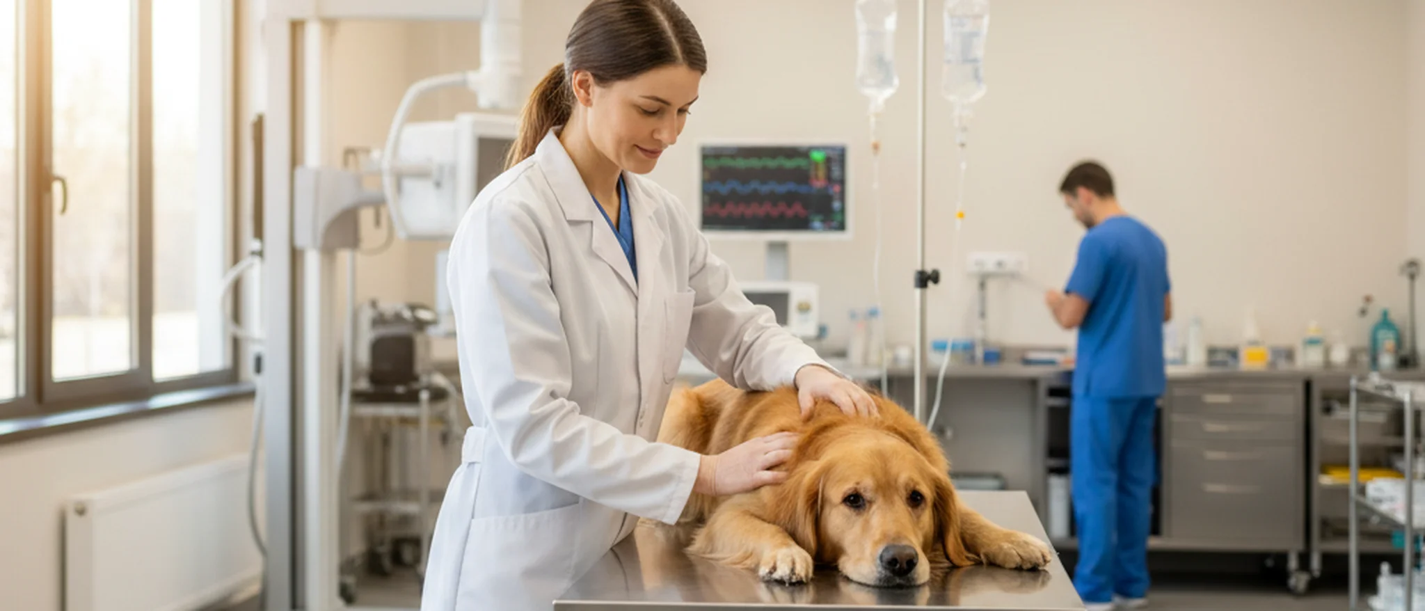 Vétérinaire examinant un golden retriever sur une table d'examen dans une clinique d'urgence vétérinaire moderne