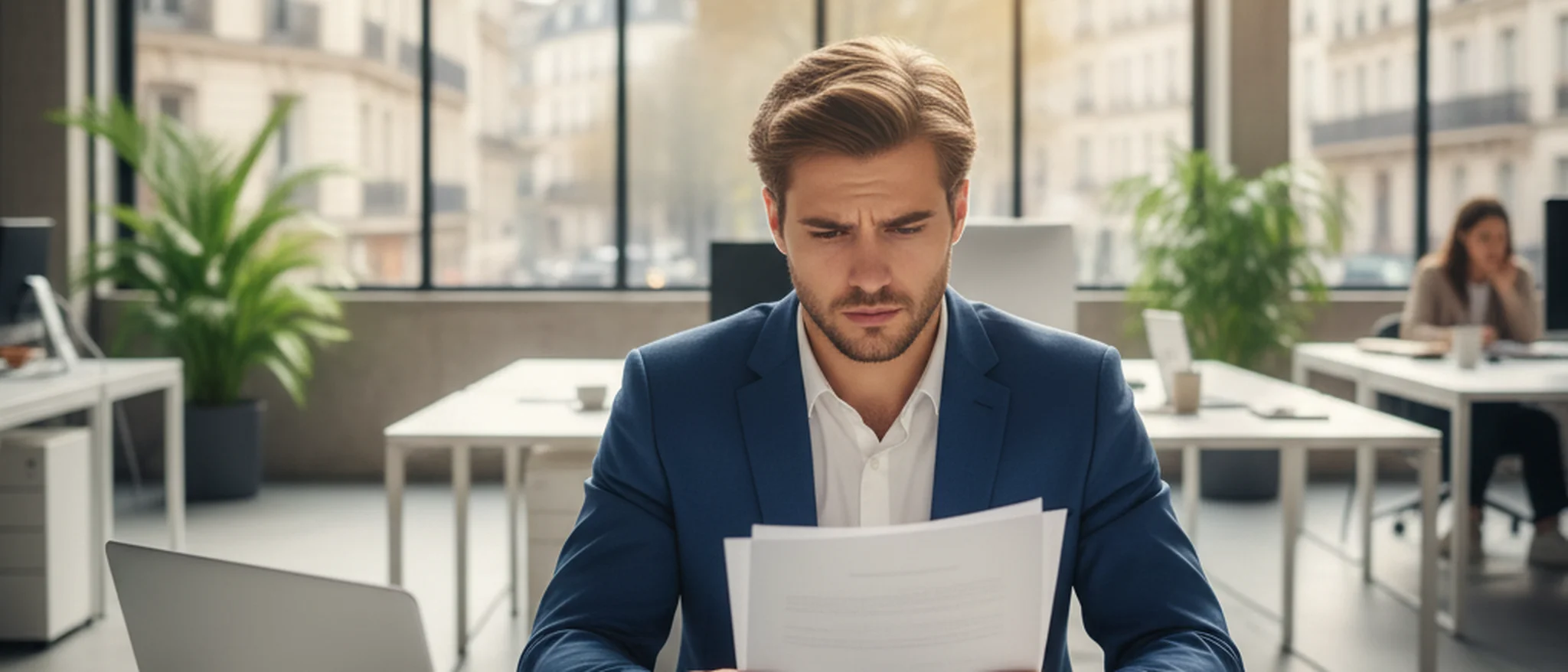 Salarié français relisant son contrat de travail sur un bureau, expression préoccupée, dans un open-space moderne