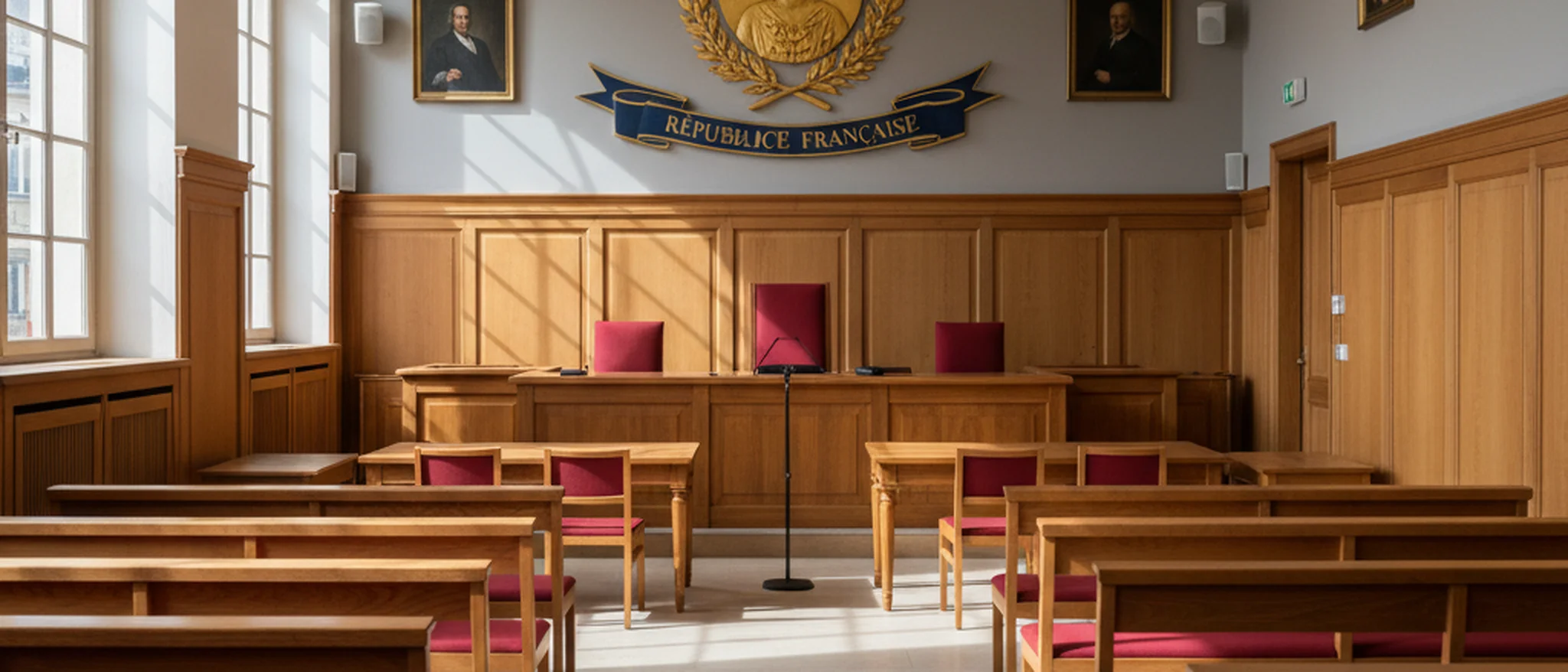 Salle d'audience d'un conseil de prud'hommes français, bancs vides et bureau du juge avec emblème de la République