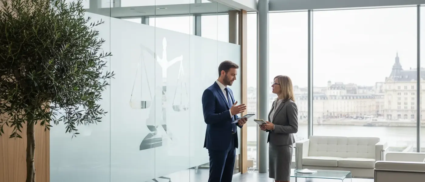Avocate en droit du travail consultant des documents avec un client dans un cabinet parisien