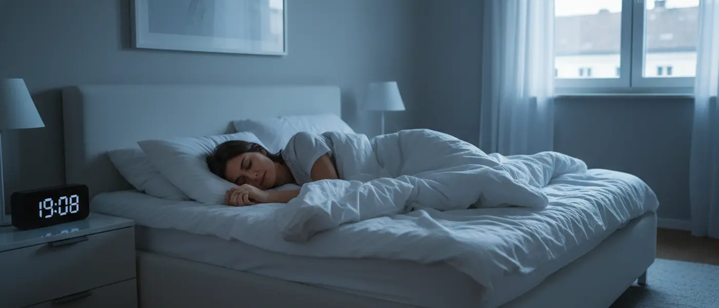 Frau schläft entspannt in einem abgedunkelten Schlafzimmer mit sanftem Licht