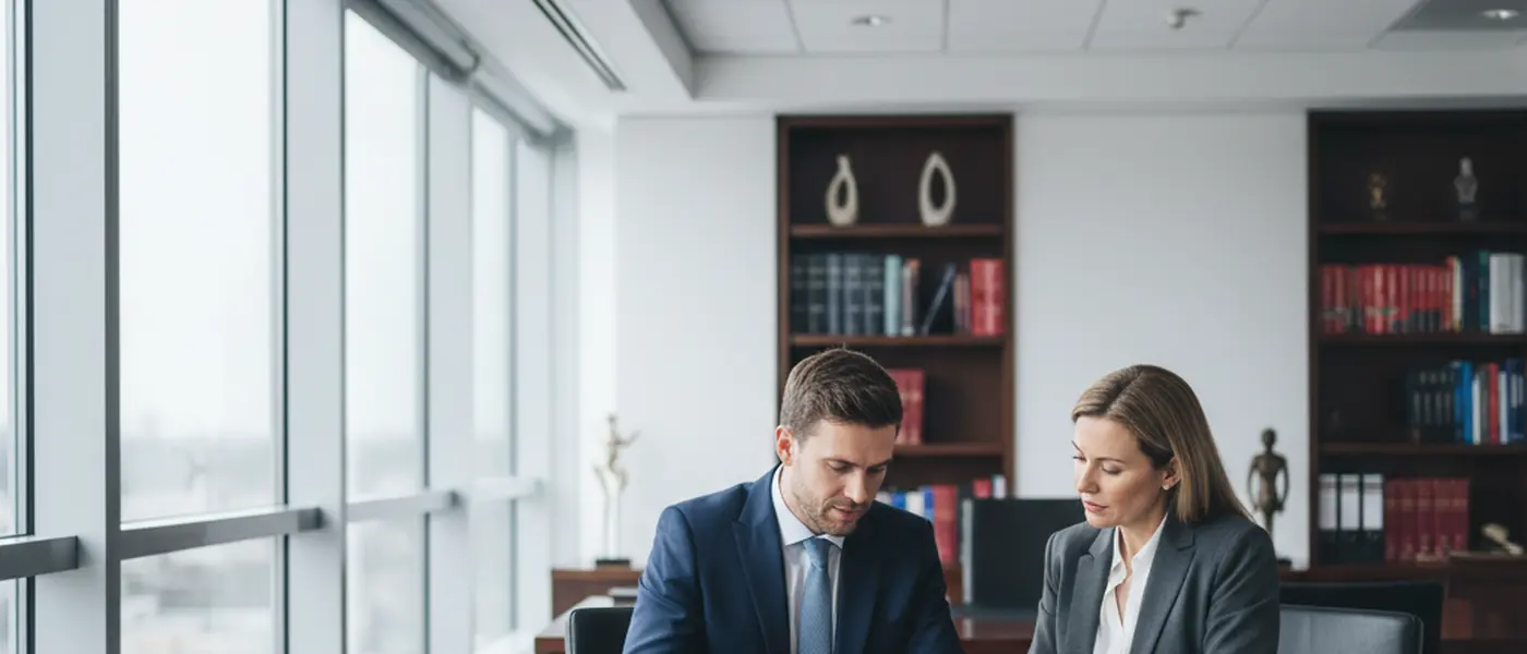 Person consulting a solicitor in a professional office reviewing legal documents