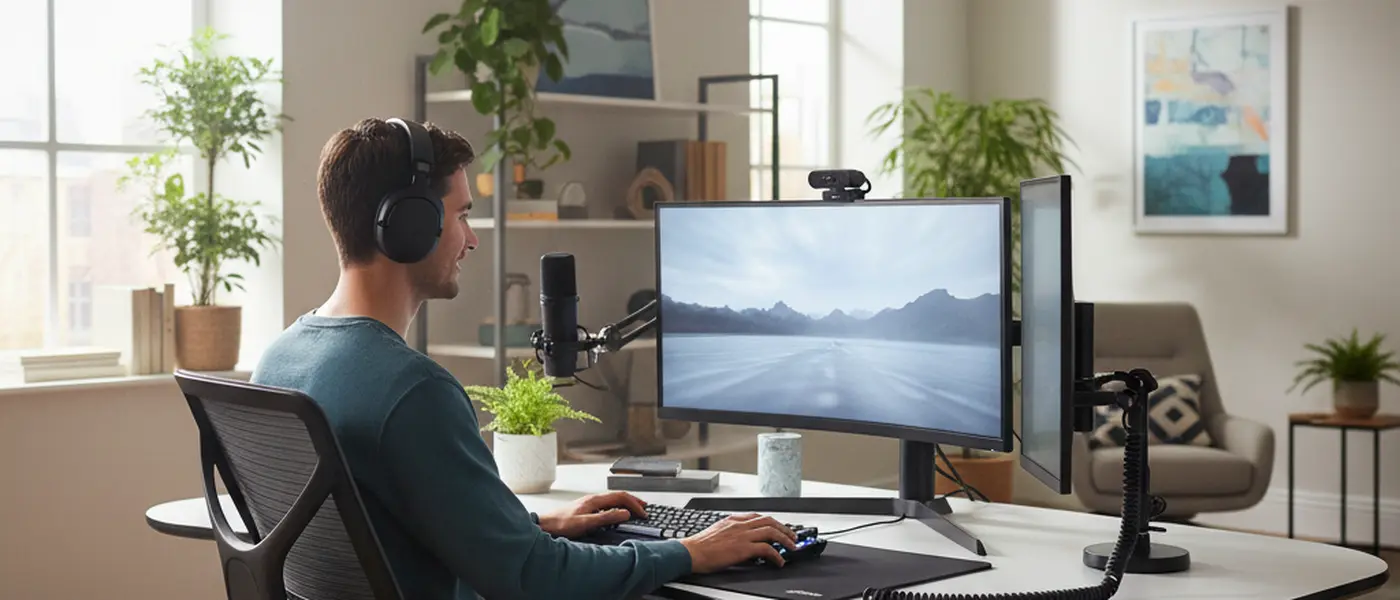 Young person with good posture at ergonomic gaming desk in UK home