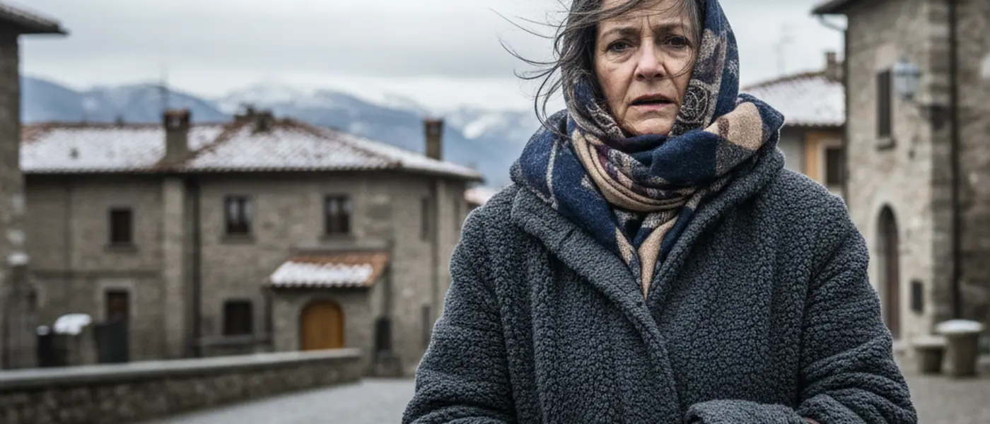 Donna italiana anziana con cappotto invernale al freddo in una città italiana