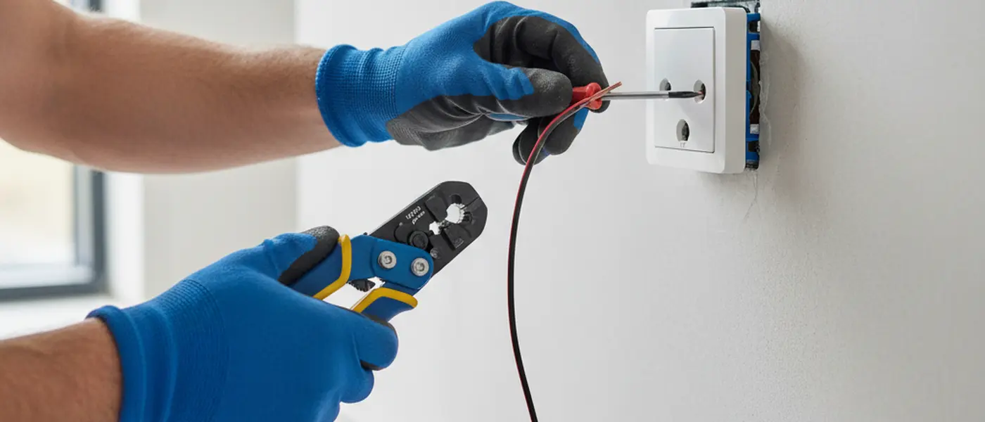 Certified electrician wiring an electrical socket in a British home with professional tools