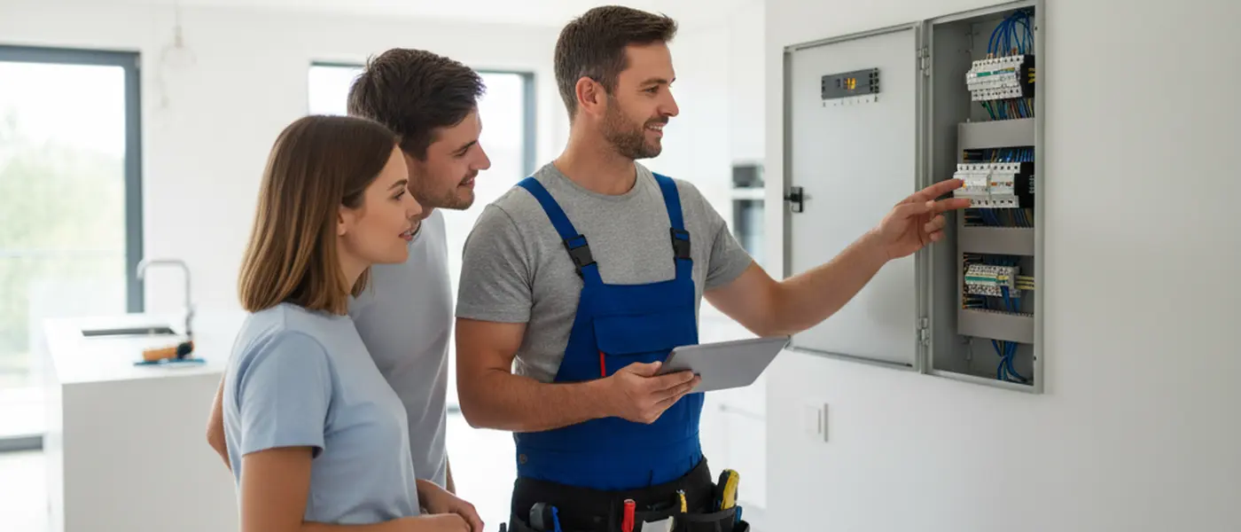 British electrician testing a consumer unit with a multimeter in a modern UK kitchen