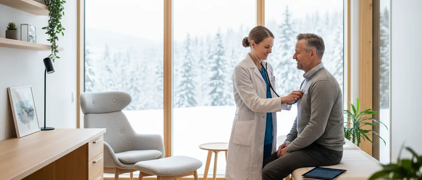 Norsk fastlege undersøker en pasient i et lyst, moderne legekontor med skandinavisk interiør