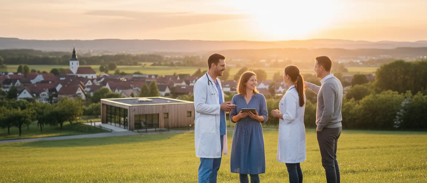 Norsk kvinne konsulterer et nettbrett i et moderne skandinavisk venterom med rent minimalistisk design