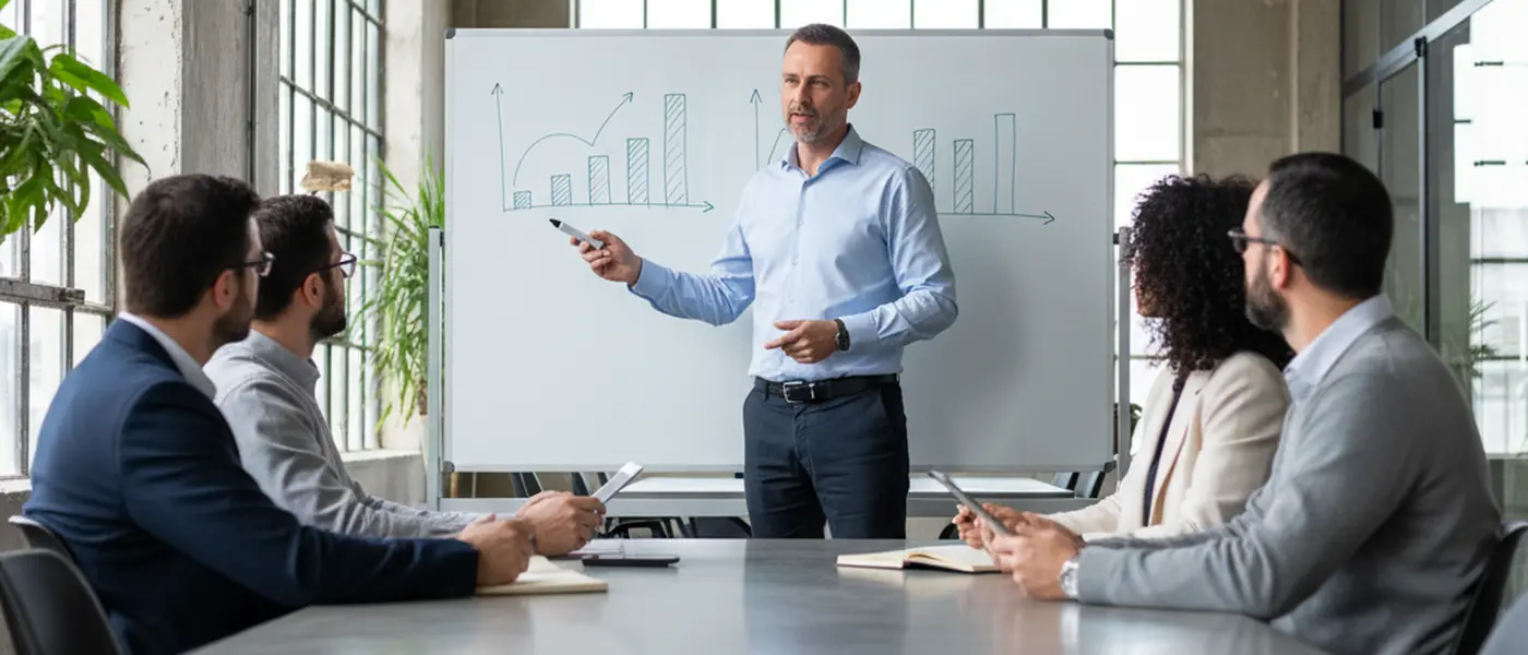 Consultor português a apresentar dados numa reunião de equipa num escritório moderno