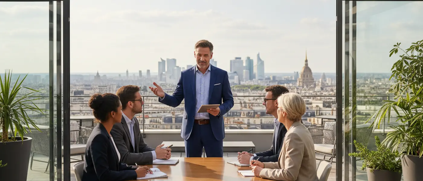 Consultor português a rever documentos financeiros com uma cliente num escritório moderno em Lisboa