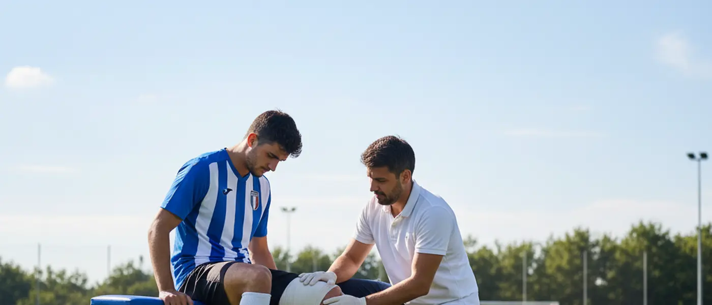 Calciatore amatoriale italiano sul bordo del campo riceve fisioterapia sul muscolo della coscia da un medico sportivo