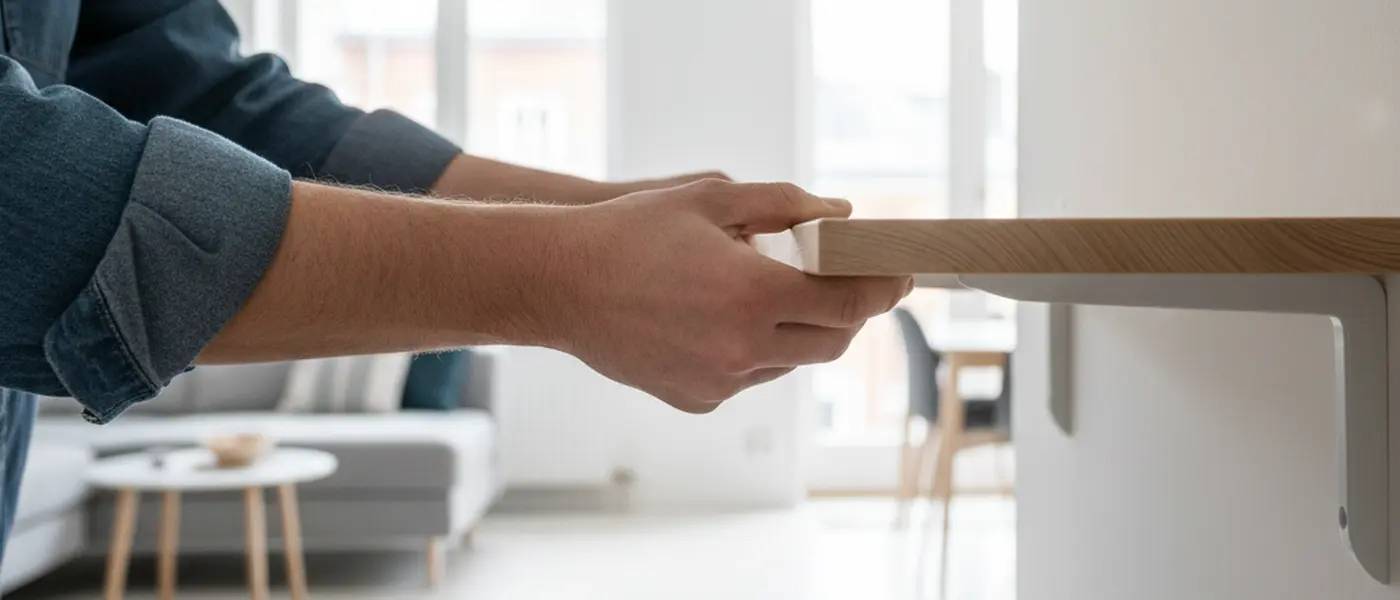 Snickare installerar måttbeställda hyllor i en modern svensk lägenhet