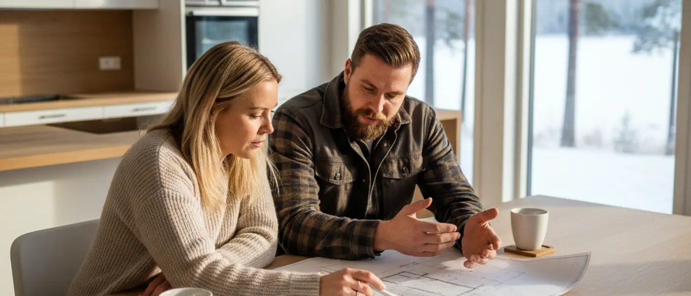 Husägare och snickare går igenom byggritningar vid ett köksbord i ett svenskt hem