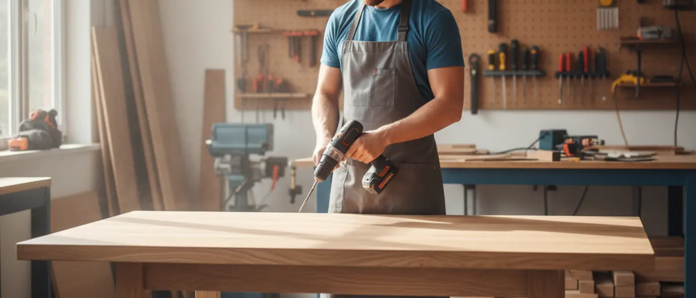 Svensk snickare mäter ett köksskåp i en ljus skandinavisk verkstad med naturligt ljus