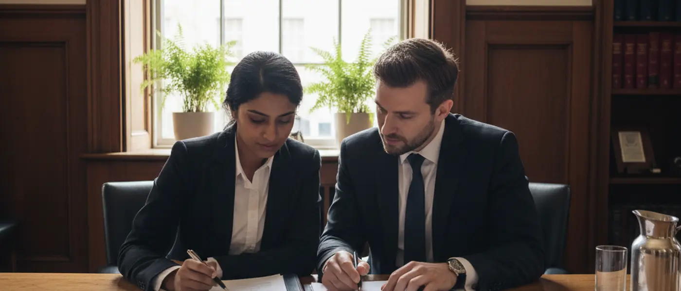 Legal professionals reviewing personal injury case files in a UK law firm meeting room