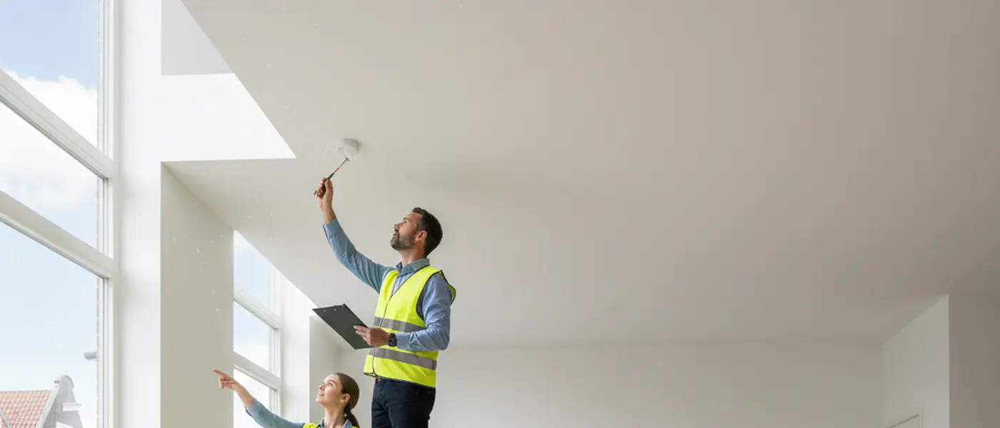 Een Nederlandse bouwkundige inspecteert een rookmelder op het plafond van een appartement in Amsterdam