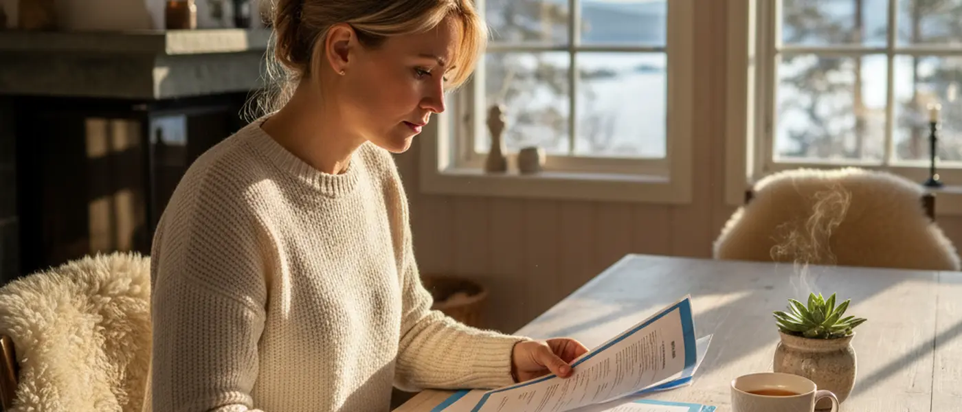 Kvinne gjennomgår separasjonsdokumenter ved kjøkkenbordet i et norsk hjem