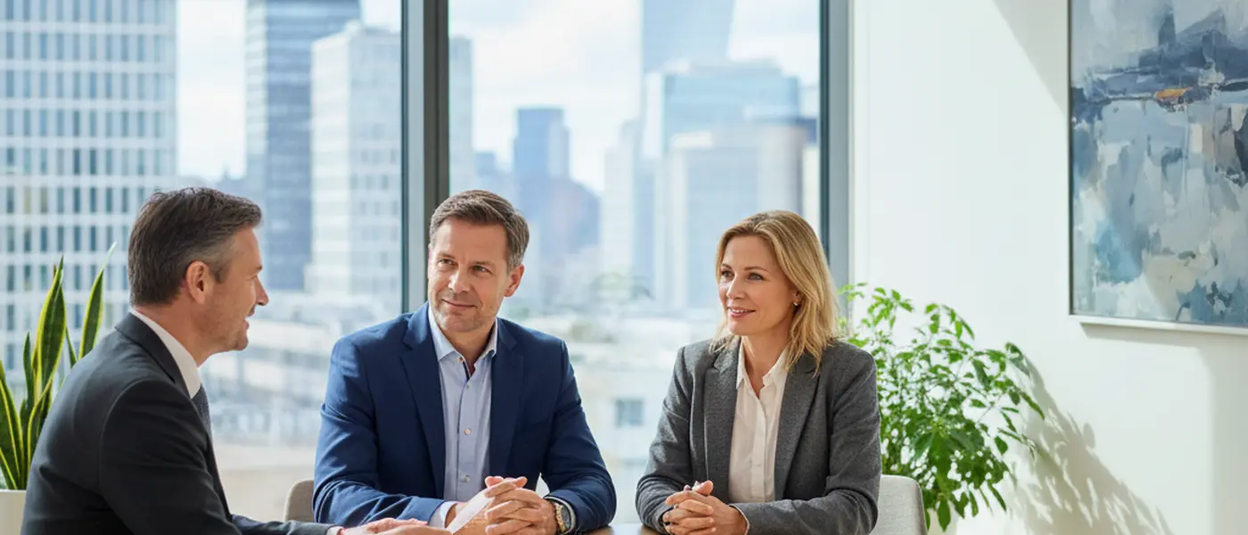 Norsk par i møte med familierettsadvokat på et kontor i Oslo, dokumenter og laptop på bordet