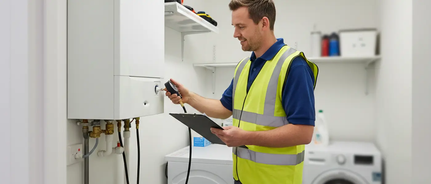 Professional plumber inspecting a wall-mounted combi boiler in a British home utility cupboard