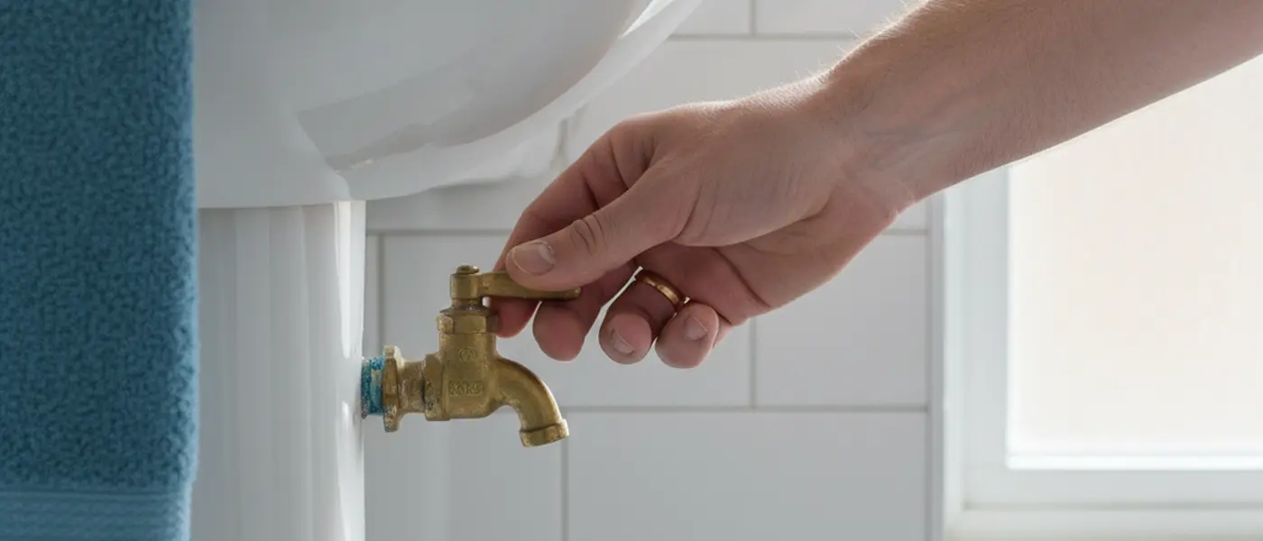 Homeowner turning a brass stopcock valve under a bathroom sink in a British home