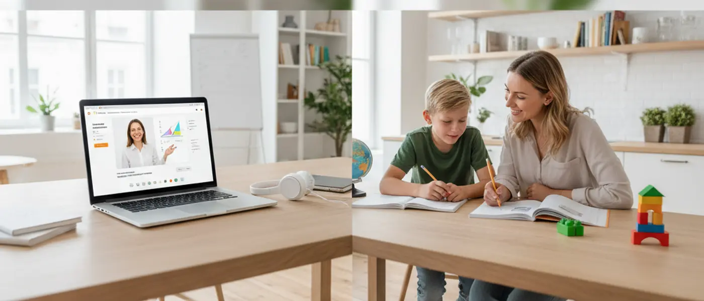 Jämförelse mellan online-lektion på laptop och fysisk privatlektion vid köksbord i svensk hemmamiljö