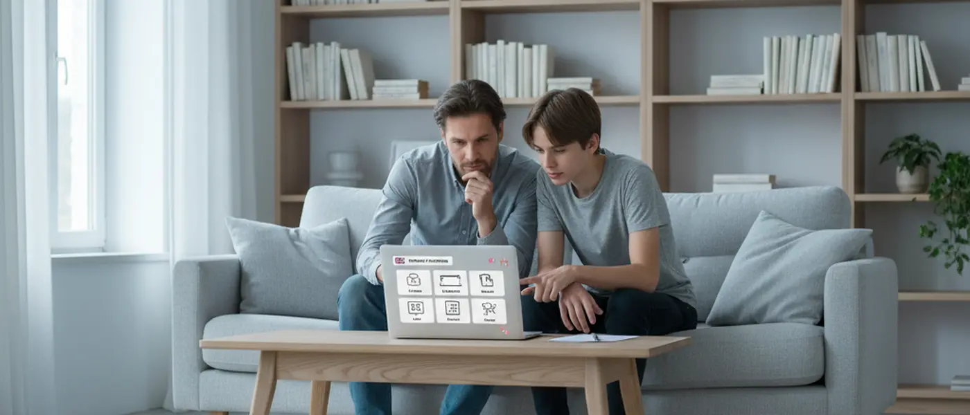 Förälder och tonåring granskar plattformar för privatlektioner online på en laptop i ett svenskt vardagsrum