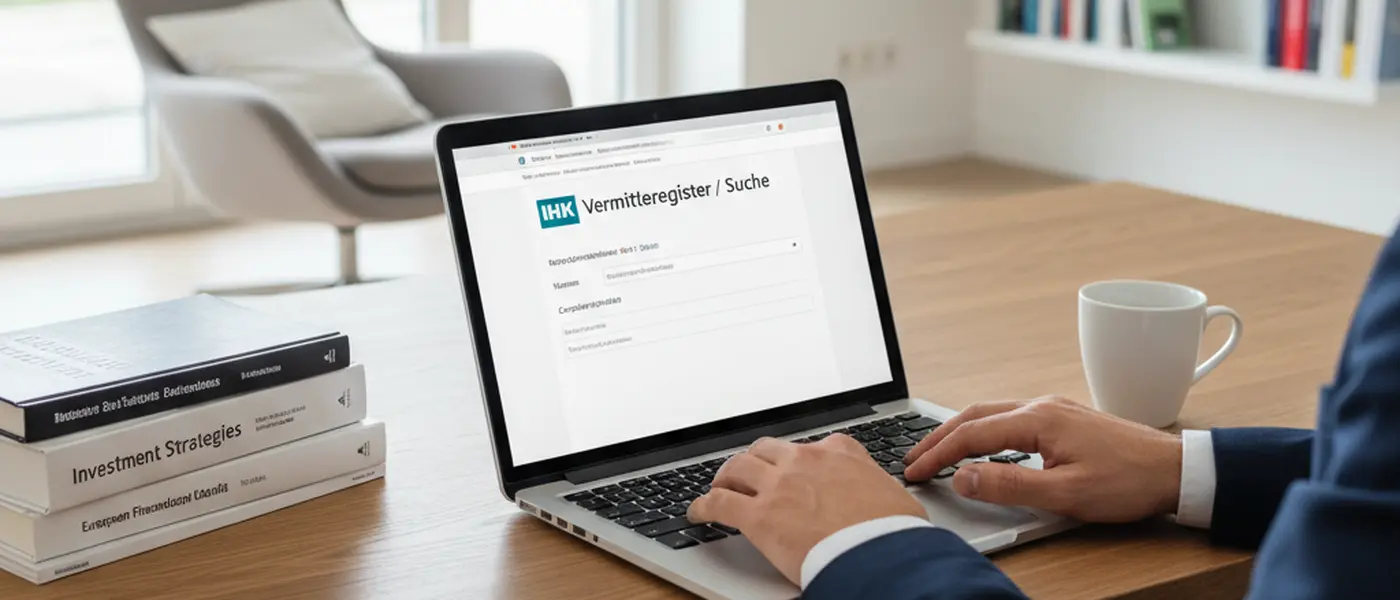 Person prüft das IHK-Vermittlerregister am Laptop in einem modernen Homeoffice