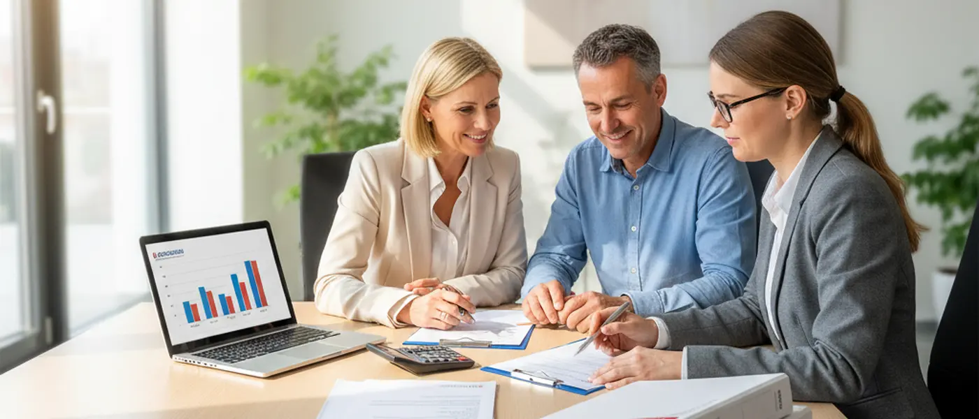 Paar in den 40ern bespricht Versicherungsunterlagen mit einem Finanzberater in einem hellen Büro
