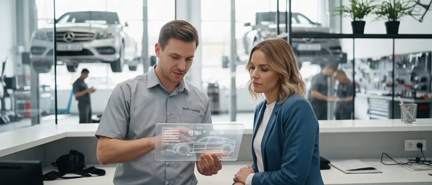 Kfz-Serviceberater zeigt einer Kundin einen Kostenvoranschlag auf dem Tablet am Empfang einer Autowerkstatt