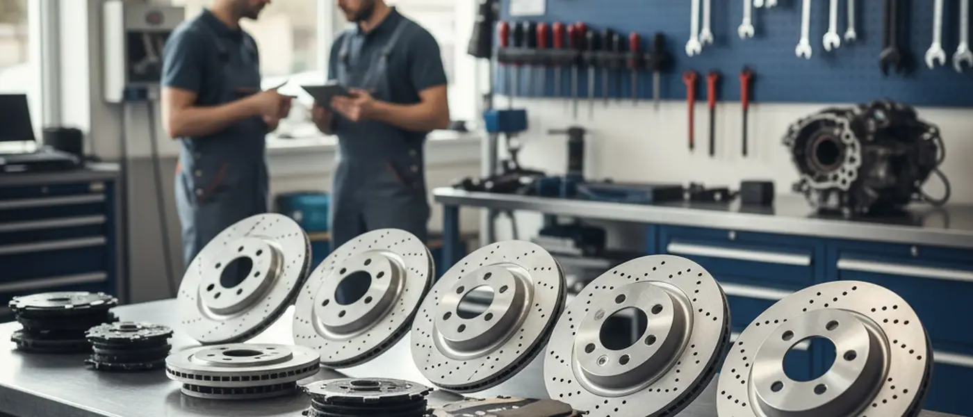 OEM-Bremsscheiben und Bremsbeläge auf einer Werkbank in einer deutschen Kfz-Werkstatt