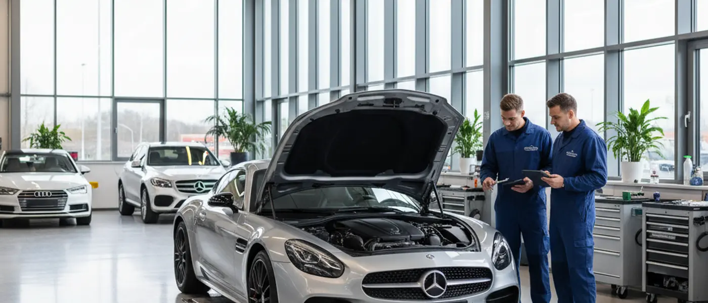 Kfz-Mechaniker in blauem Overall prüft Bremsbeläge unter einem angehobenen Auto in einer modernen deutschen Werkstatt