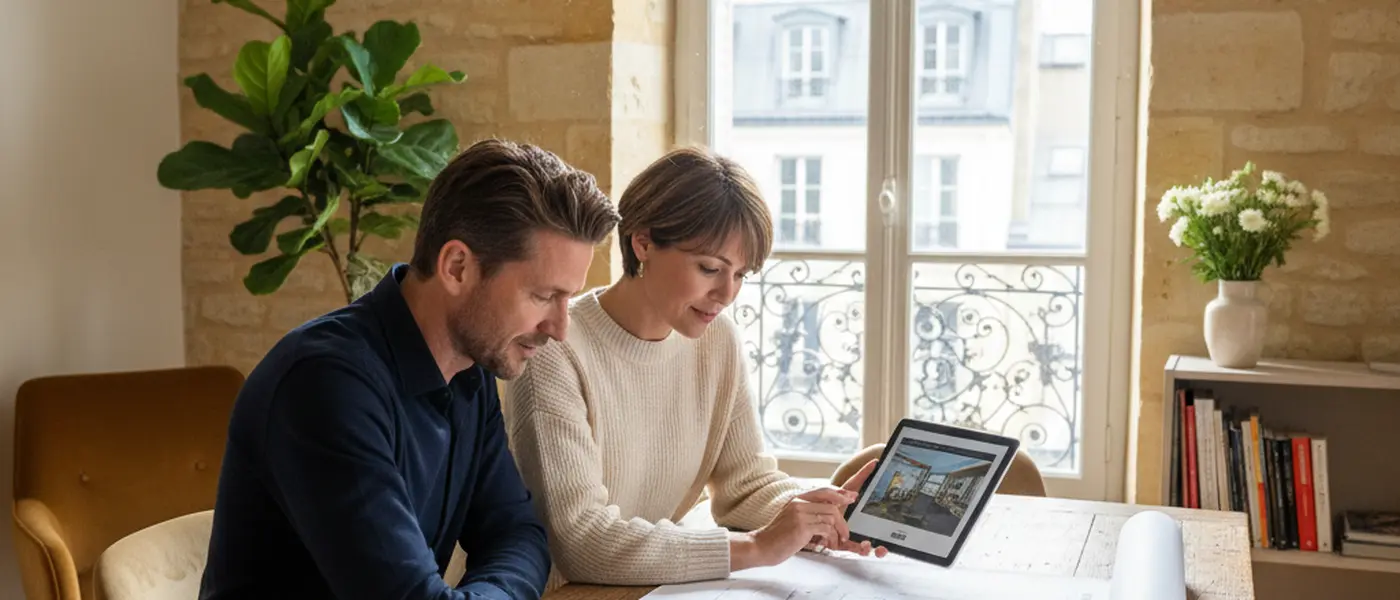 Couple français examinant des documents d'investissement immobilier sur une table, dans un intérieur parisien lumineux