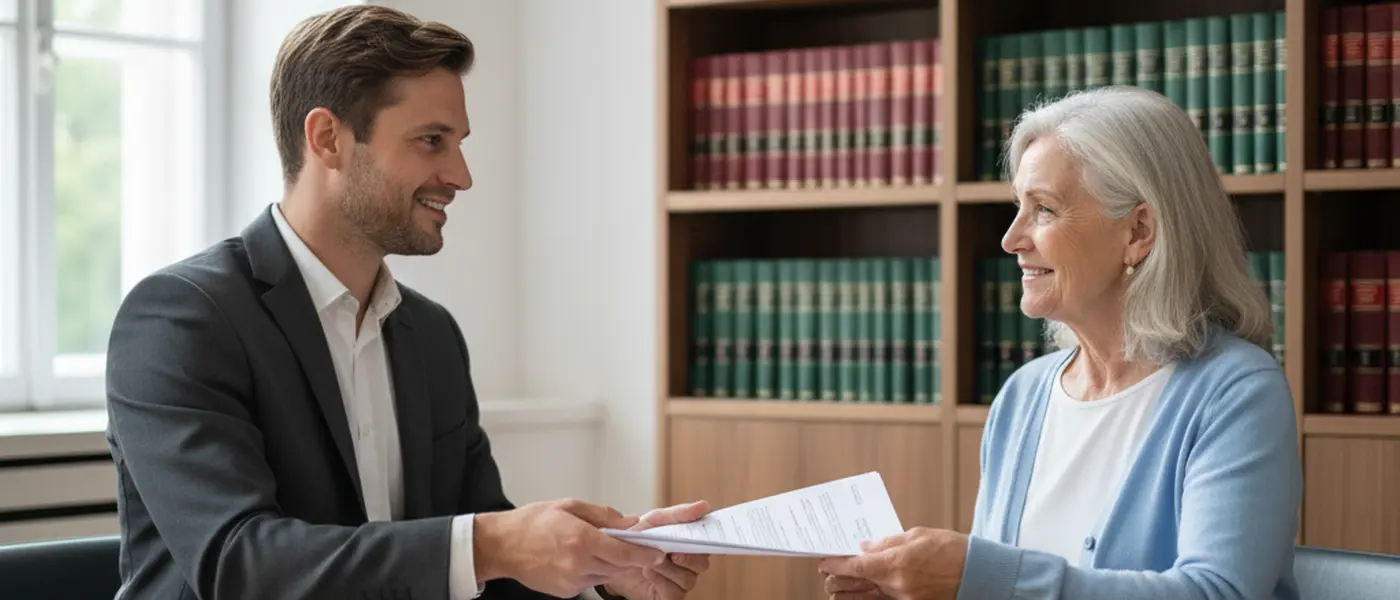Notaire remettant des documents de planification successorale à une femme dans un office notarial lumineux