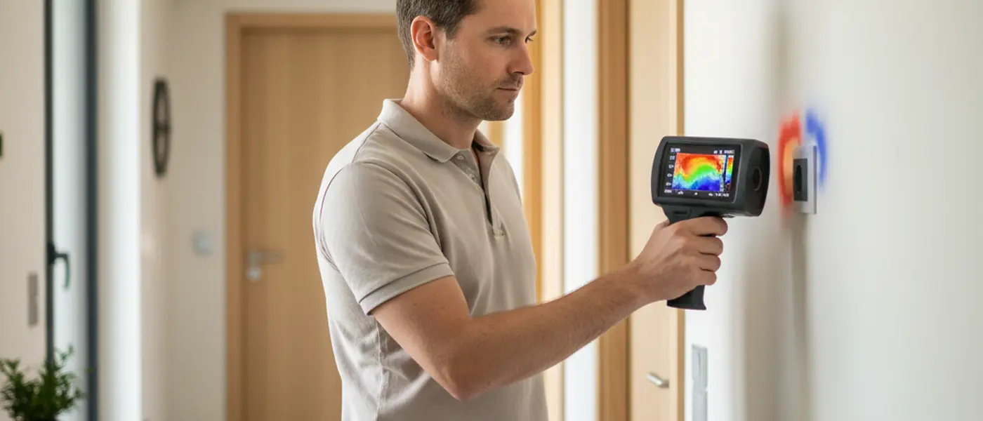 Diagnostiqueur certifié réalisant un audit énergétique avec une caméra thermique sur les murs d'une maison