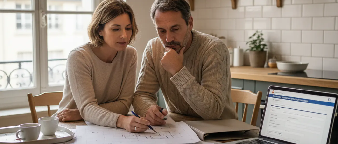 Couple français étudiant des devis de rénovation et des documents d'aides financières à leur table de cuisine