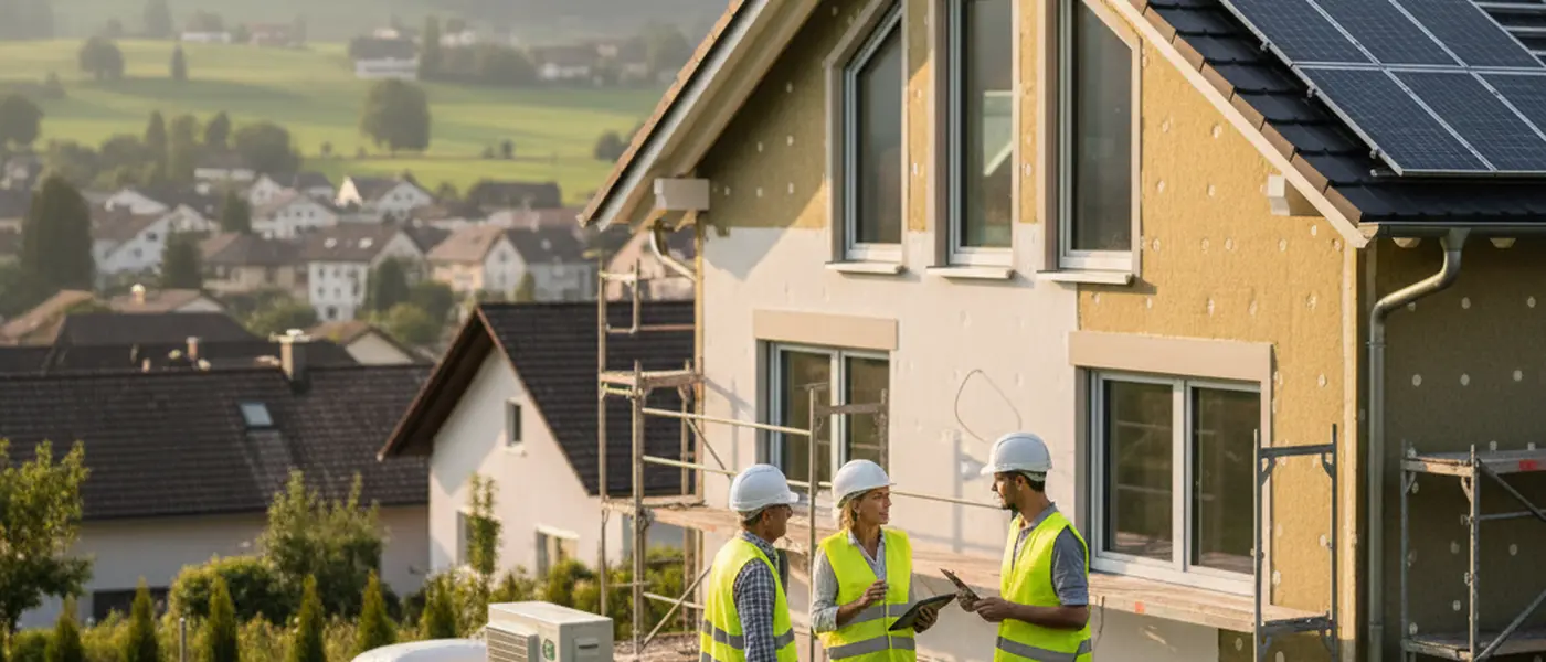 Artisan installant des panneaux d'isolation extérieure sur une maison en pierre lors d'une rénovation énergétique