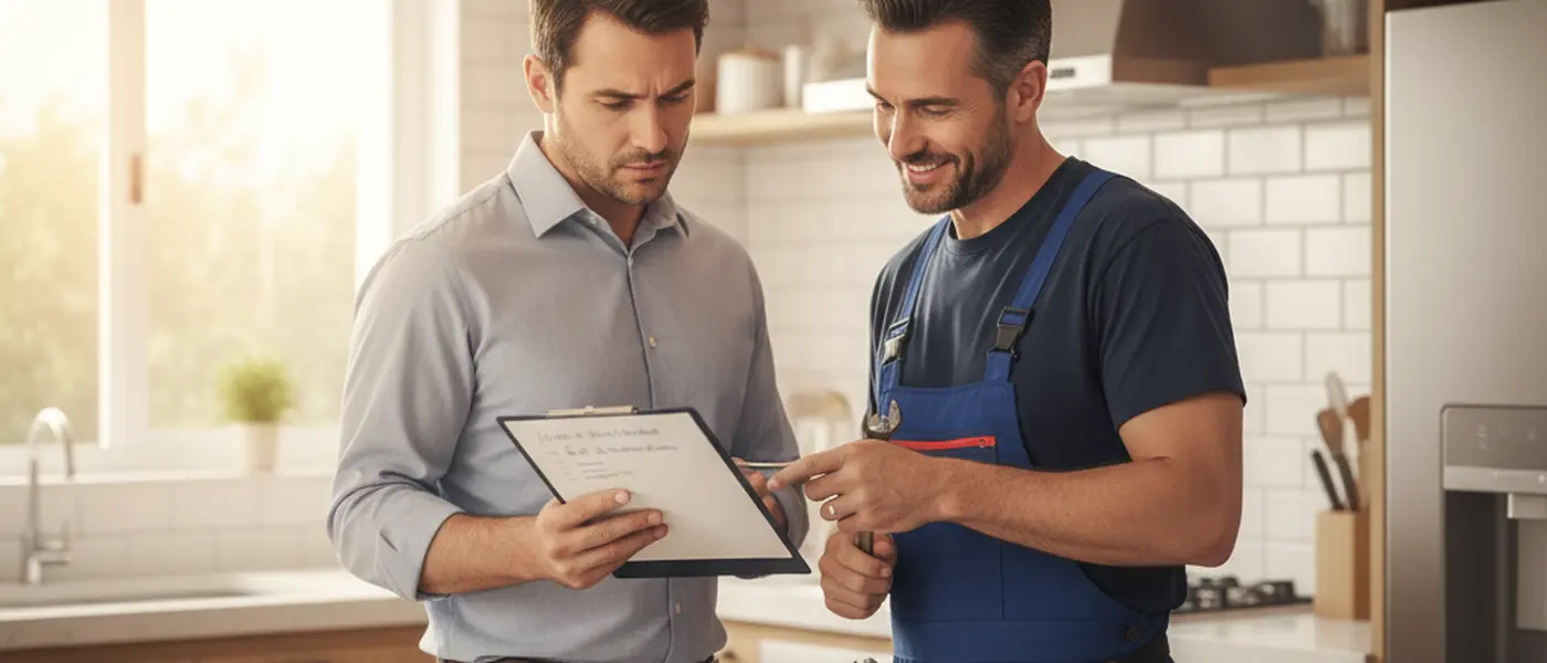 Morador analisando orçamento de canalização em uma prancheta enquanto canalizador explica os custos em cozinha residencial