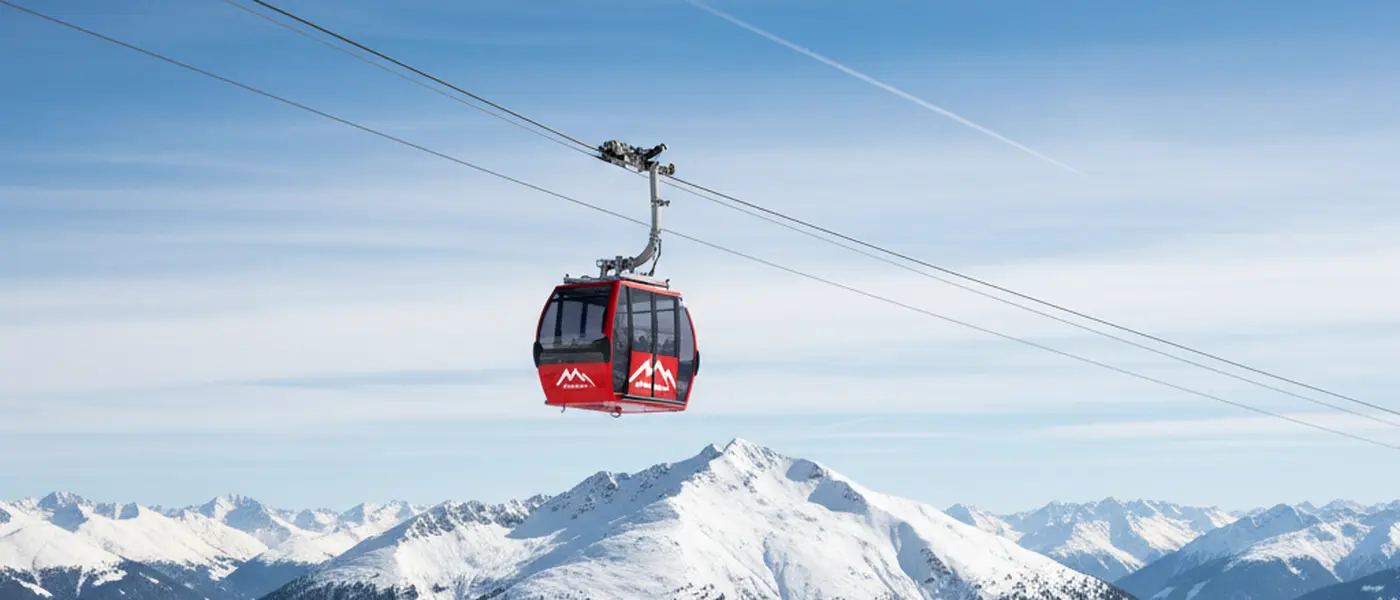 Cabine de teleférico vermelho e branco percorrendo cabo sobre encosta alpina nevada na Suíça com céu azul