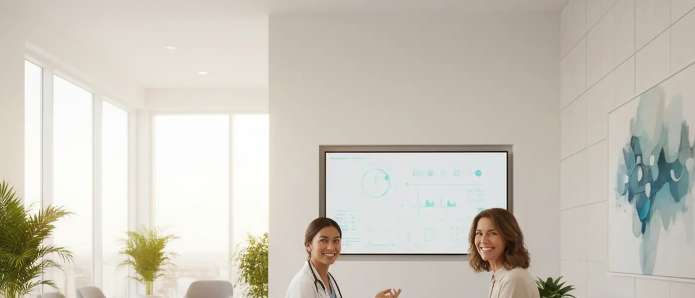 American woman in her early 50s in a wellness consultation with a female doctor in a modern clinic