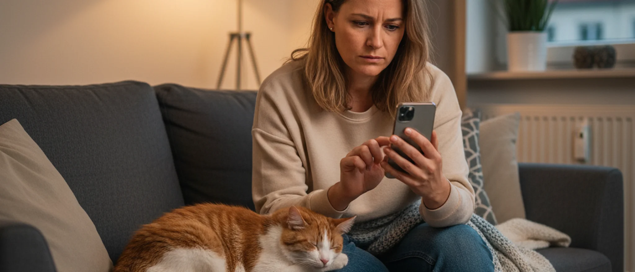 Tierhalter sucht auf dem Smartphone nach einem Tierarzt Notdienst neben einer schlafenden Katze
