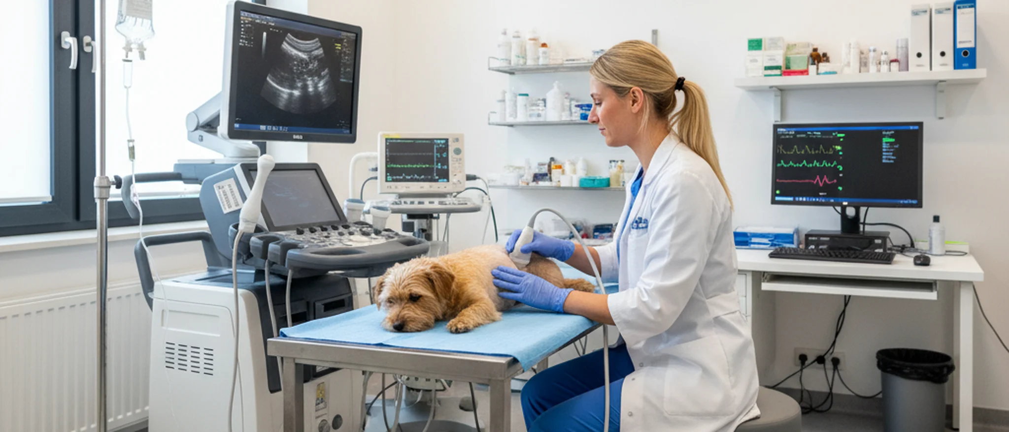 Tierärztin führt eine Ultraschalluntersuchung an einem kleinen Hund in einer modernen Notfallpraxis durch