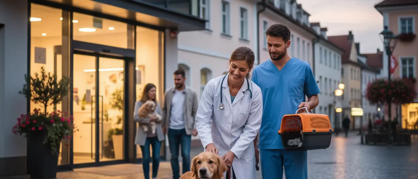 Tierarzt untersucht einen Golden Retriever nachts in einer modernen Notfallklinik