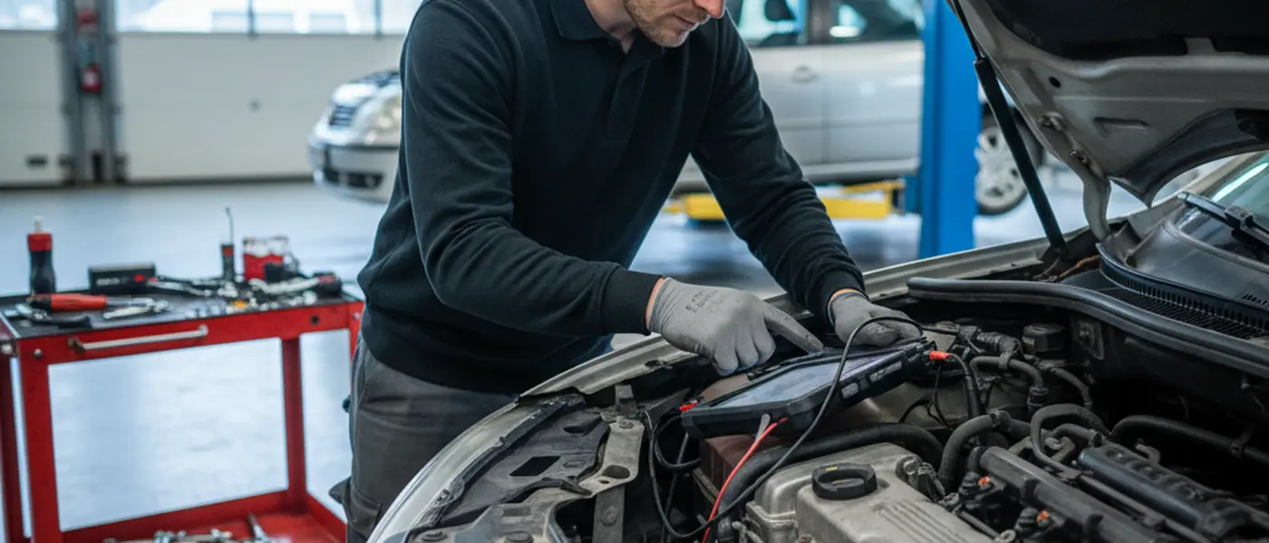 Mekaniker inspiserer motorrom på bruktbil med diagnoseverktøy i norsk verksted