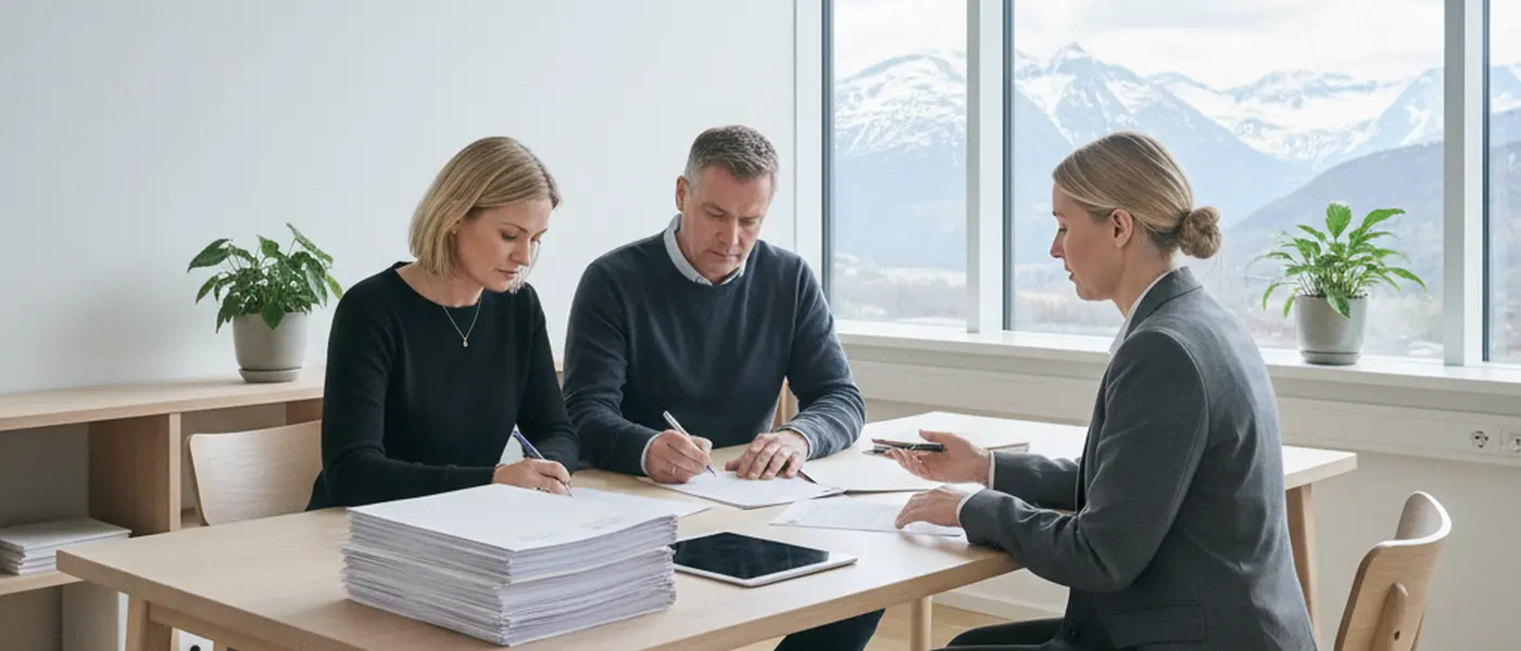 Norsk par signerer juridiske dokumenter med advokat i skandinavisk kontor