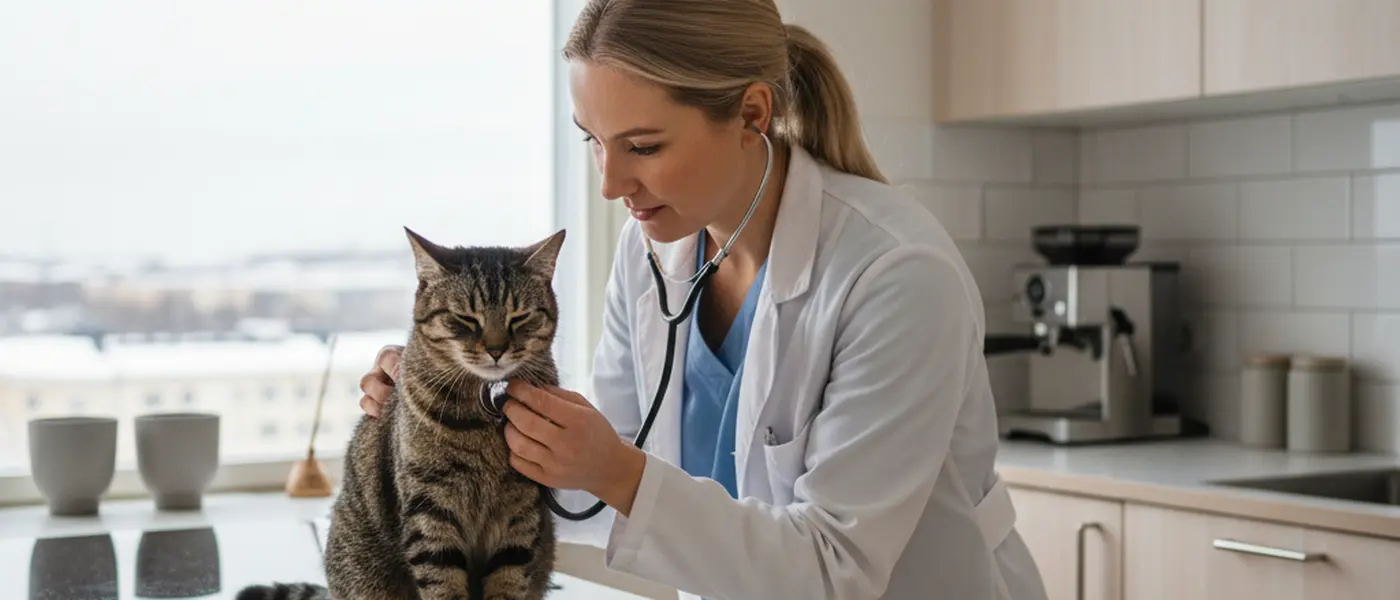 Eläinlääkäri kuuntelee kissan sydäntä stetoskoopilla suomalaisessa kodissa
