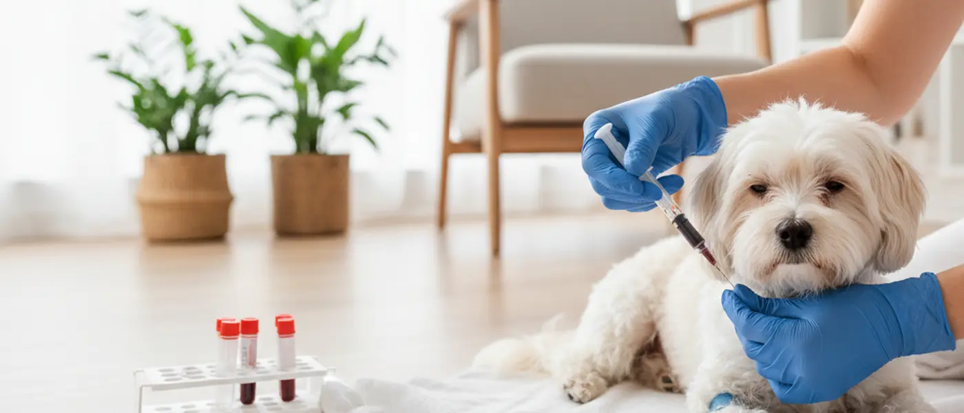 Eläinlääkärin kädet ottavat verinäytettä pieneltä koiralta pyyhkeen päällä kotioloissa